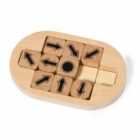 A wooden puzzle with arrow-marked blocks within an oval frame. Some blocks have directional arrows, while others are blank. The objective is to arrange the blocks within the allotted space.