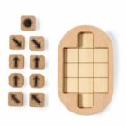 Wooden puzzle game with a rectangular tray featuring a three-by-three grid on the right. On the left, there are nine wooden tiles with black arrows or a dot, designed to be placed in the tray.