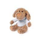 A plush dog toy with floppy ears, wearing a small white shirt, sits upright on a white background.