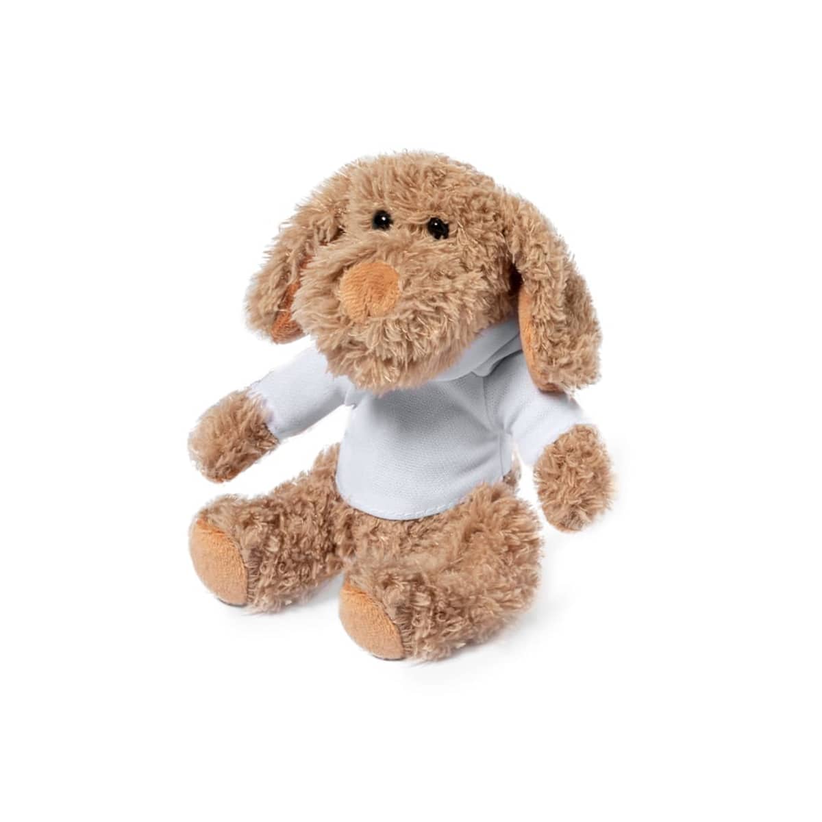 A plush dog toy with floppy ears, wearing a small white shirt, sits upright on a white background.