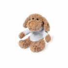 A cute, fluffy brown stuffed dog with floppy ears, wearing a light gray sweater. It is sitting upright against a white background.