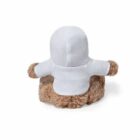 A plush toy with brown fur and a white hoodie, sitting and facing away. Its arms are outstretched, showcasing its fluffy texture against a white background.
