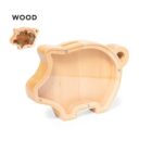 A wooden piggy bank shaped like a pig with a transparent side showing coins inside. The word WOOD is printed in the top left corner on a white background.
