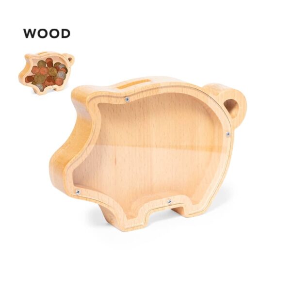 A wooden piggy bank shaped like a pig with a transparent side showing coins inside. The word WOOD is printed in the top left corner on a white background.