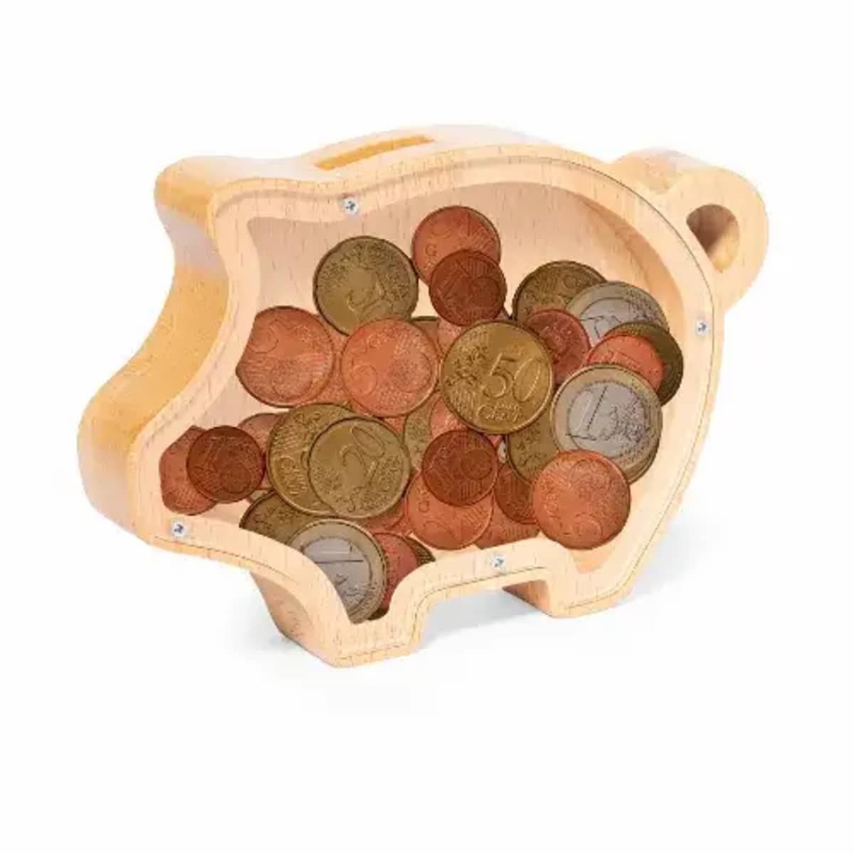 A wooden piggy bank shaped like a pig, with a transparent side revealing various coins inside.
