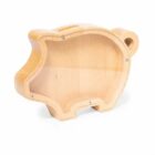 Wooden pig-shaped piggy bank with a transparent front. The hollow interior is visible, allowing coins to be seen when deposited. The light wood finish gives a natural look.