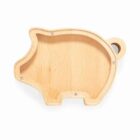 A wooden tray shaped like a pig, with a smooth surface and metal fasteners at several points. The tray is shown against a plain white background.