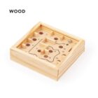 A wooden labyrinth game featuring a small metal ball and a maze with numbered holes. The board is square and has a natural wood finish, with WOOD written in the top left corner.