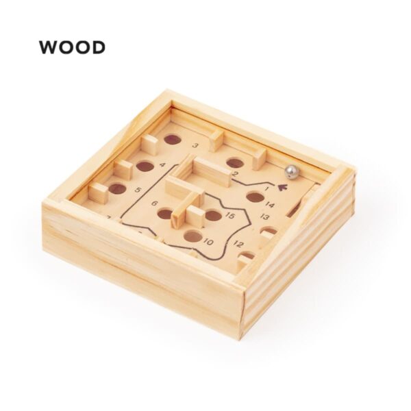 A wooden labyrinth game featuring a small metal ball and a maze with numbered holes. The board is square and has a natural wood finish, with WOOD written in the top left corner.