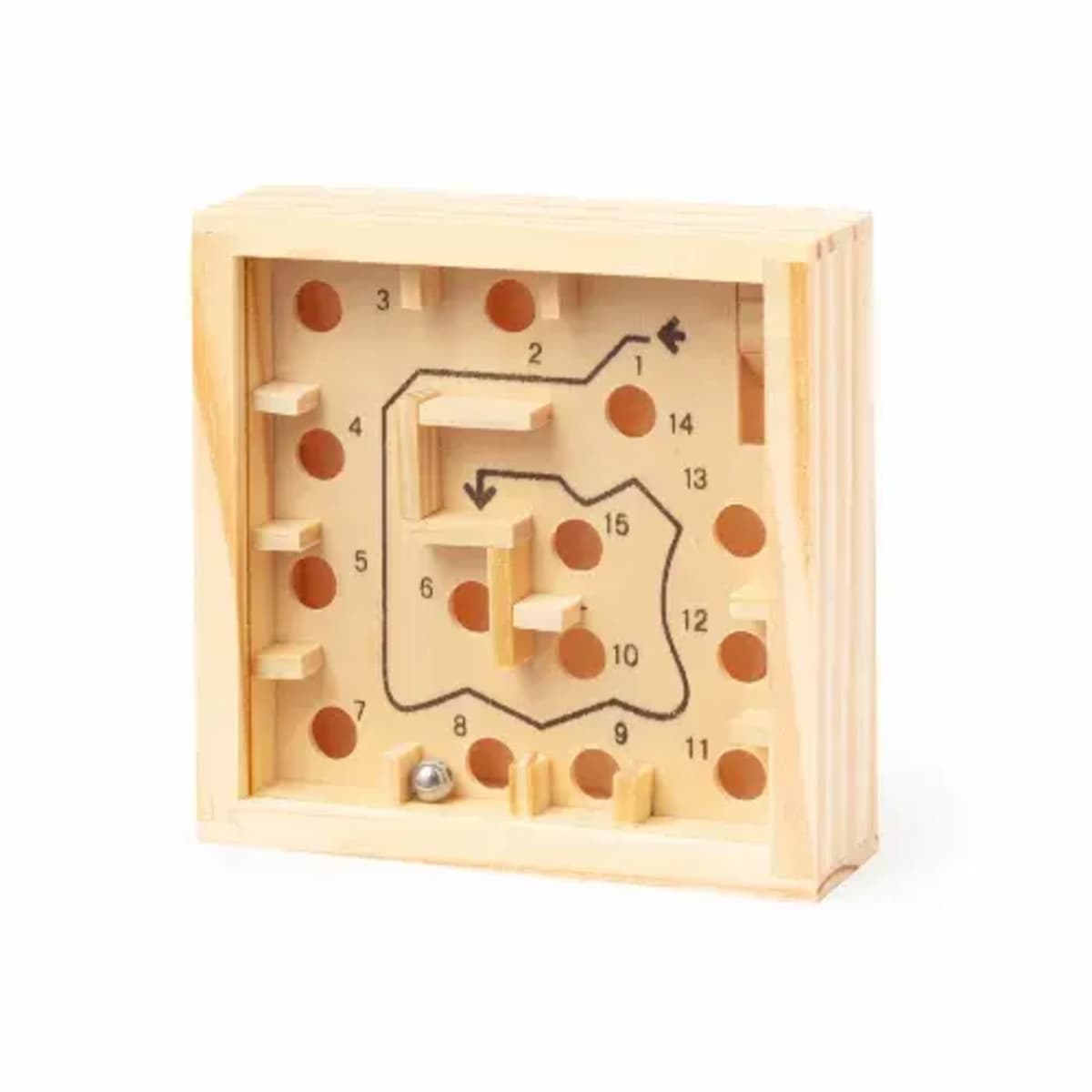 Wooden labyrinth puzzle game with a metal ball. The board has numbered paths and holes, enclosed in a rectangular frame. The goal is to navigate the ball through the maze without falling into the holes.