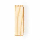 A rectangular wooden block with a smooth surface and visible natural grain patterns. It is standing vertically against a plain white background.