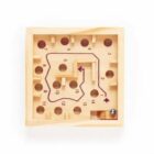 Wooden labyrinth game with a maze featuring numbered holes. A small metal ball is placed near the starting area. The aim is to guide the ball through the maze without it falling into the holes.