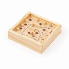 A wooden labyrinth game featuring a small metal ball and numerous numbered holes. The goal is to tilt the box to navigate the ball from the starting point to the end without it falling into any holes.