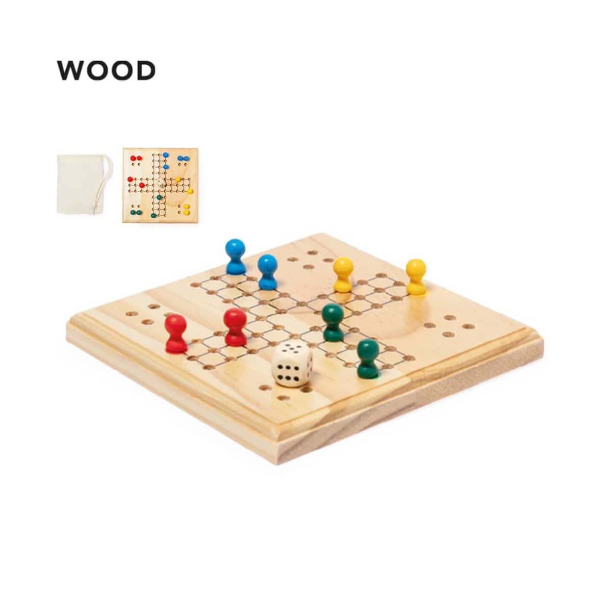 Wooden board game with colorful pegs in red, blue, yellow, and green. A single die is placed on the board. Image includes reference to WOOD and shows a beige storage pouch in the corner.