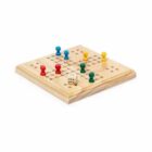 A wooden board game with a simple grid pattern, featuring colorful pegs—red, blue, green, and yellow—and a single die in the center.