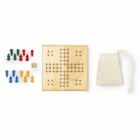 A wooden board game set including a board, colorful playing pieces in green, red, blue, and yellow, a single die, and a drawstring cloth bag for storage.