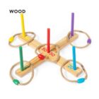 A wooden ring toss game set featuring a crisscross base with colorful pegs, each wrapped in a rope ring. The pegs are colored red, yellow, green, purple, and blue, and are labeled with points: 50, 20, and 10.