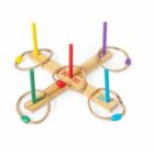 A wooden ring toss game with a cross-shaped base. Each arm has a colored peg: red, yellow, green, blue, and purple. Ropes with colored beads are looped around the pegs. Numbers on the base indicate points: 50 and 20.