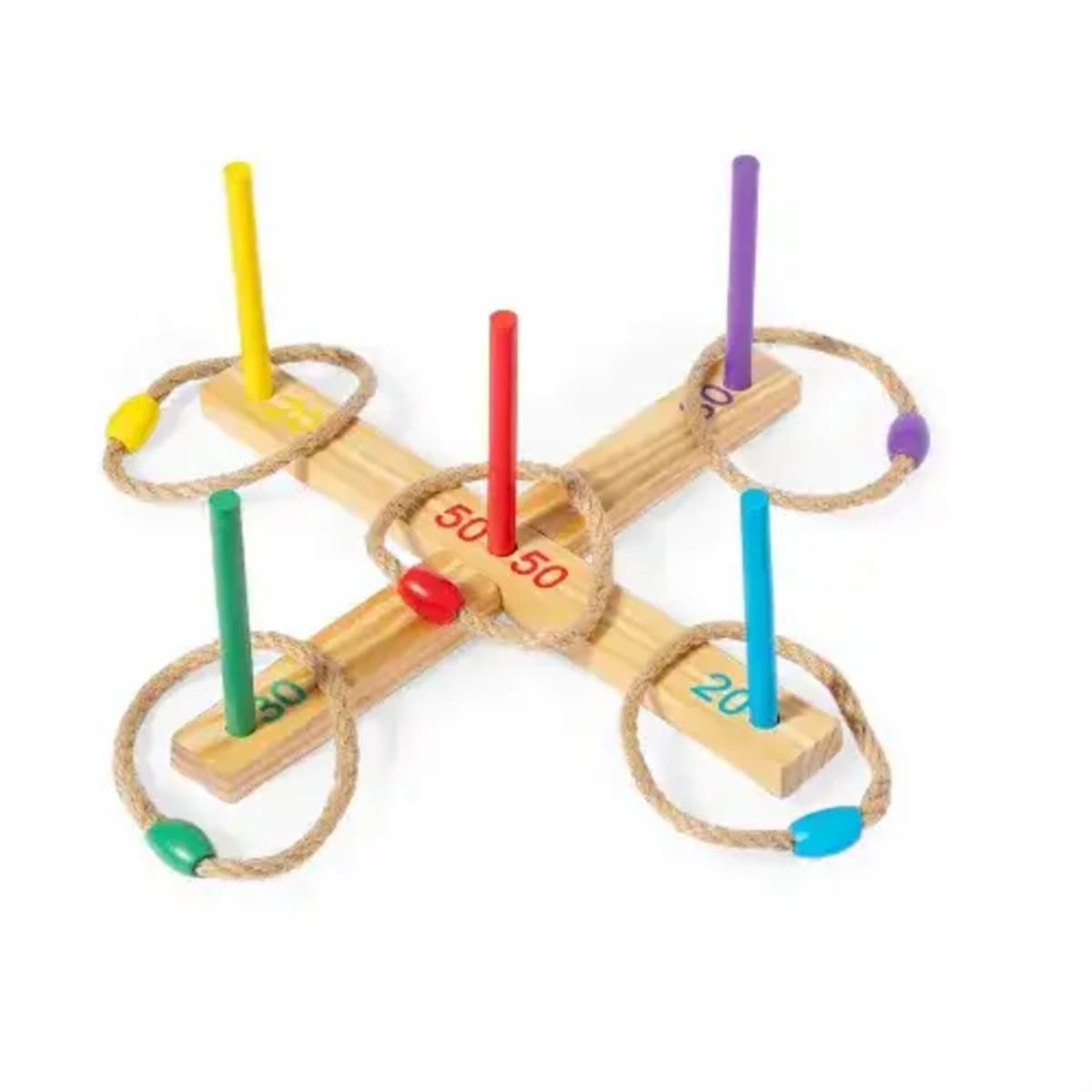 A wooden ring toss game with a cross-shaped base. Each arm has a colored peg: red, yellow, green, blue, and purple. Ropes with colored beads are looped around the pegs. Numbers on the base indicate points: 50 and 20.