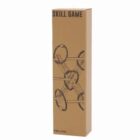 A tall, rectangular cardboard box labeled Skill Game with a sketch of interconnected circular rods. The box is light brown with minimal text, suggesting a puzzle or toy inside.