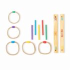A ring toss game set with five rope rings, each with a colored bead, and five colored pegs. There are two wooden boards with numbers on them for scoring. The pegs and rings are arranged on a white background.