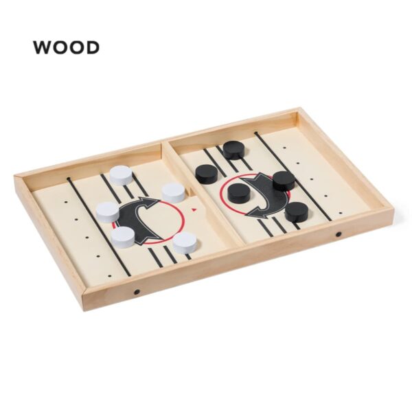 A wooden tabletop game with two sections, featuring black and white round pieces. The board has black lines and red circle accents. The word WOOD is at the top left corner.