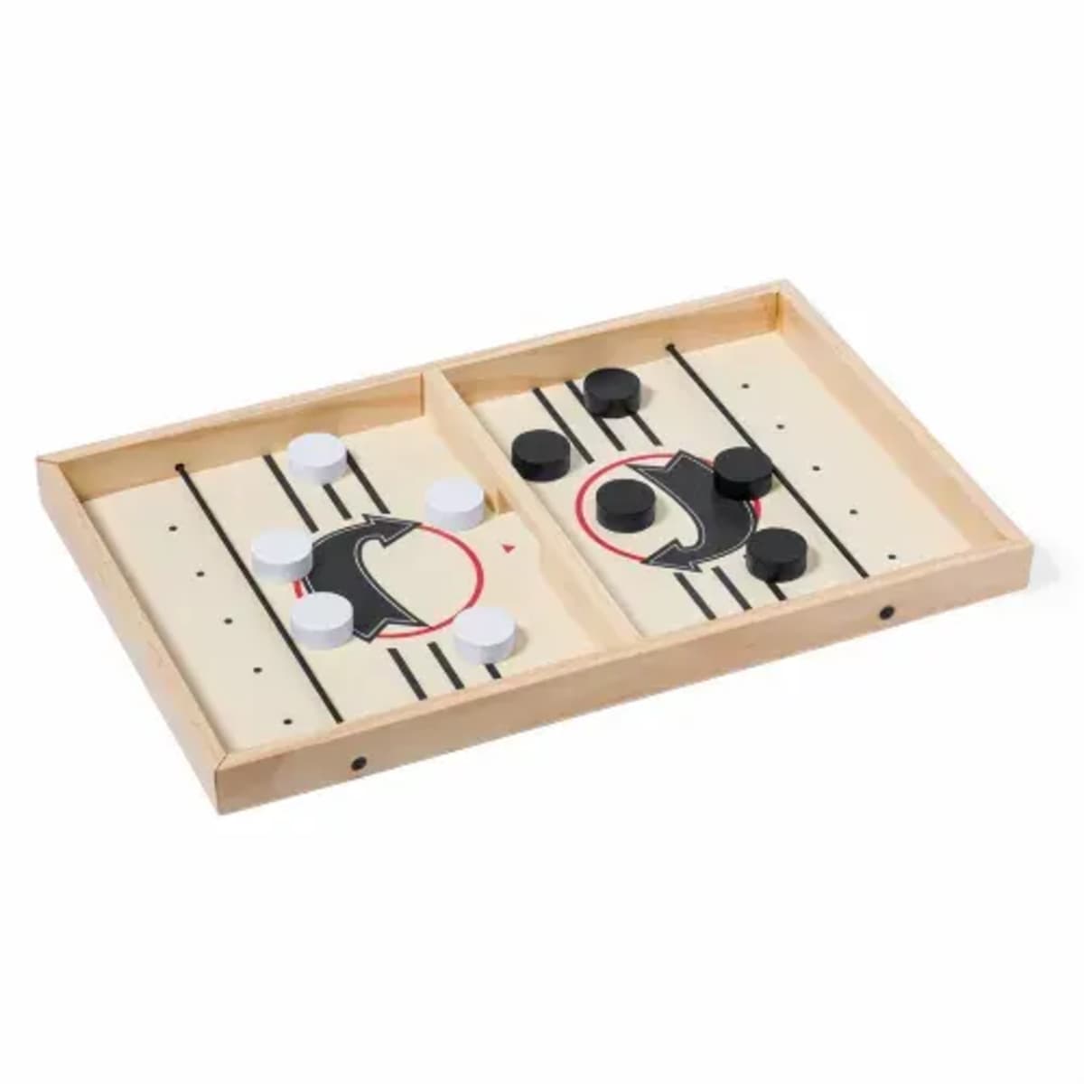 Wooden table hockey board game with a partition in the center. Black and white pucks are scattered on both sides. The board features two blue elastic strings and a red circular target area.