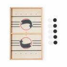 A wooden board game with two sections featuring arrows and dots. Six black and six white circular tokens are placed beside the board.