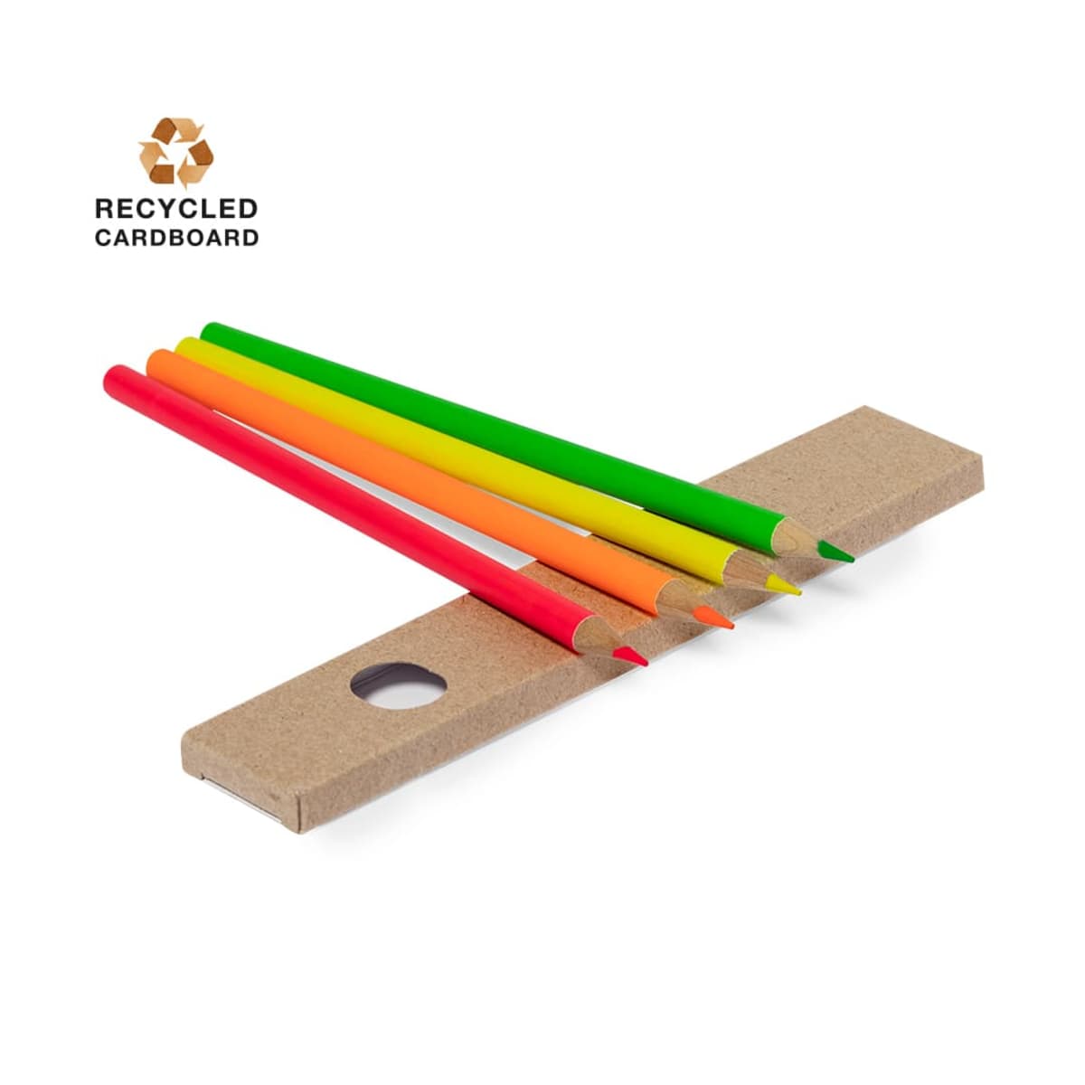 Five colored pencils in red, green, yellow, and orange are arranged on a flat, recycled cardboard box. A Recycled Cardboard logo is visible in the top left corner of the image.