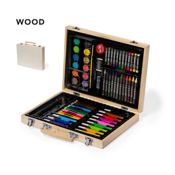 Open wooden art kit displaying various supplies including crayons, markers, paints, and brushes. The set is neatly organized, showcasing a range of colors. The text WOOD is visible in the upper left corner next to a small image of the closed case.