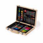 Art kit with various colored paints, markers, crayons, and pencils neatly organized in an open wooden box with metal clasps.