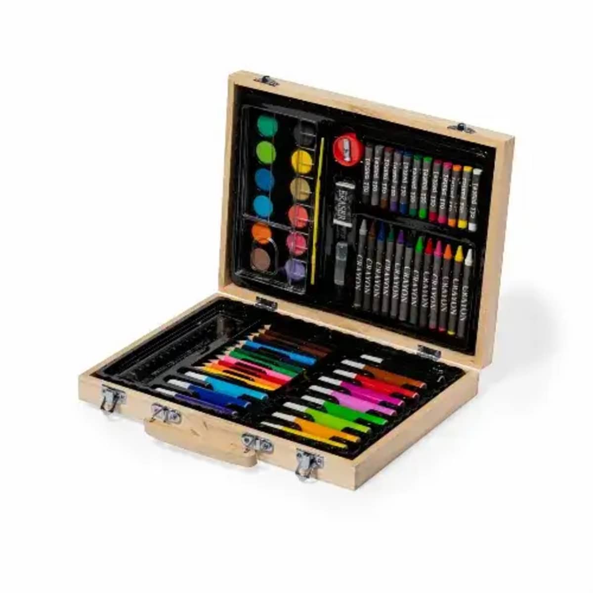 Art kit with various colored paints, markers, crayons, and pencils neatly organized in an open wooden box with metal clasps.