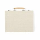 A rectangular beige briefcase with a light brown handle, set against a plain white background.