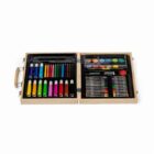 An open art kit featuring various colored markers, crayons, colored pencils, and paint sets neatly arranged inside a wooden case with a handle.