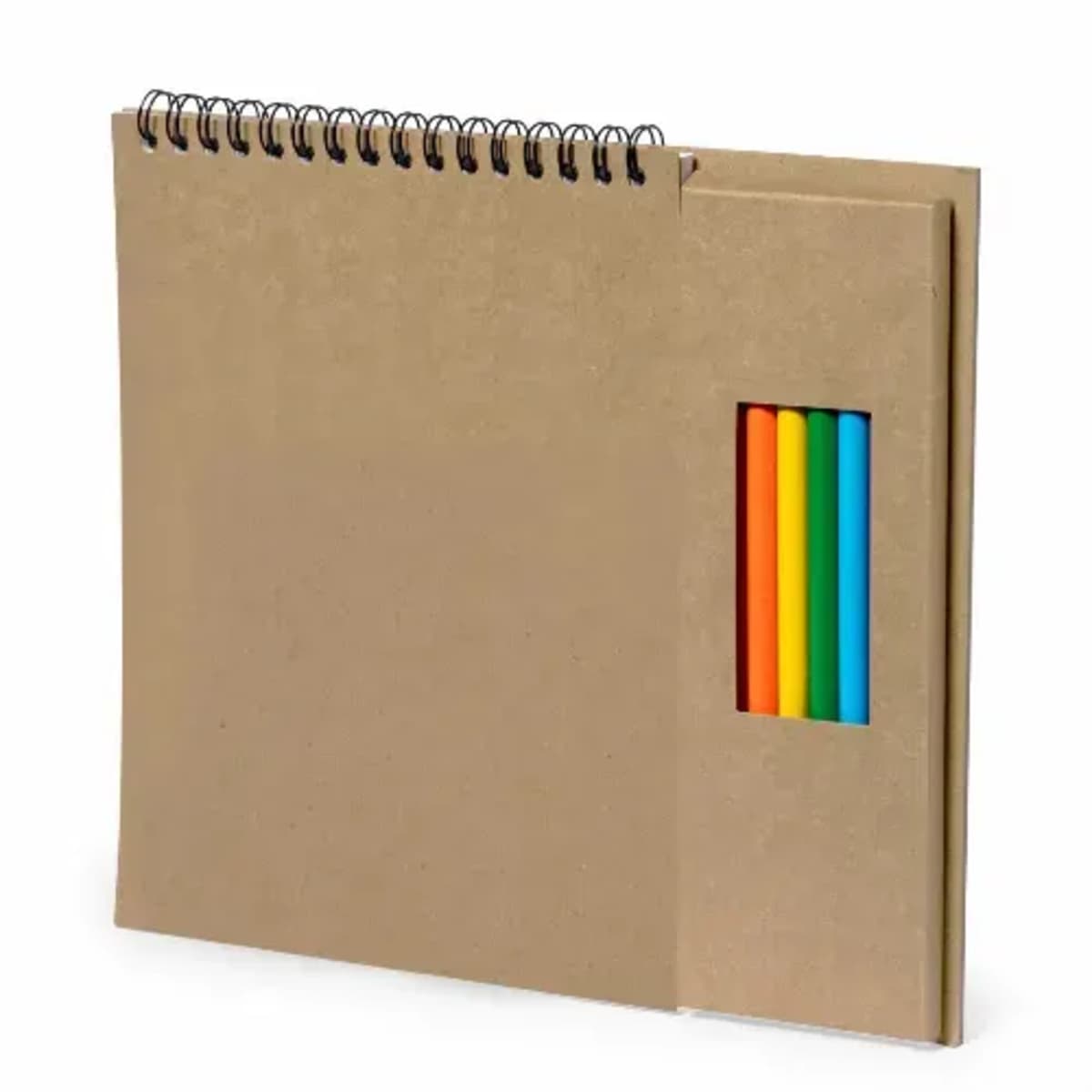 Brown spiral-bound notebook with a set of colored pencils stored in a side compartment. The pencils visible are red, orange, yellow, green, and blue. The notebook has a simple, minimalist design.