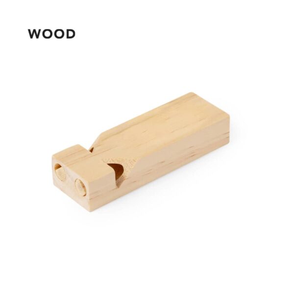 A small rectangular wooden whistle with two holes and a notch on one end, placed against a white background. The word WOOD is printed in black in the top left corner.