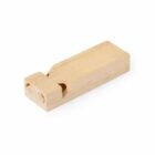 Wooden train whistle with a rectangular shape and a small hole for blowing at one end. The natural wood grain is visible, giving it a simple and rustic appearance. It is designed to produce a sound similar to a train whistle.