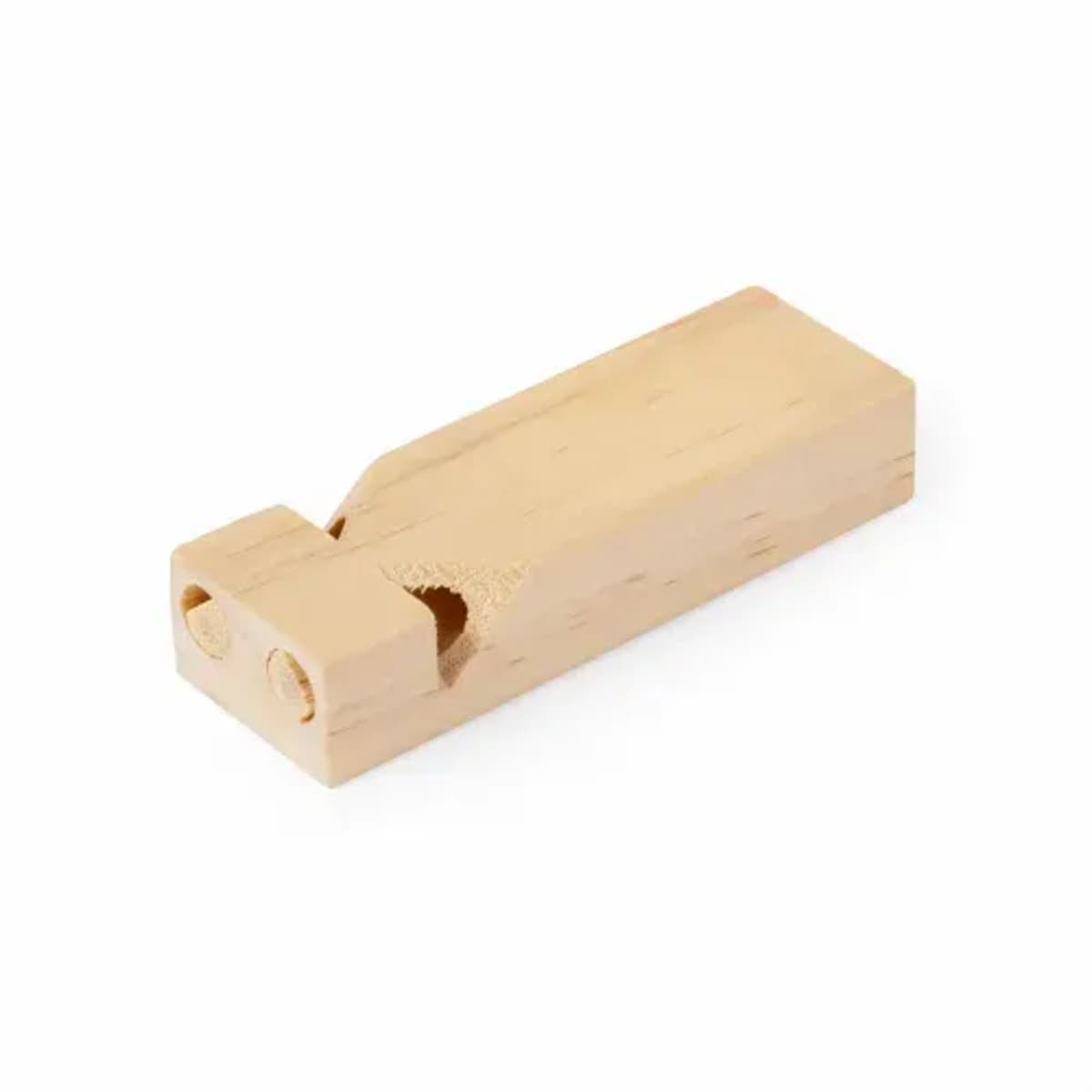 Wooden train whistle with a rectangular shape and a small hole for blowing at one end. The natural wood grain is visible, giving it a simple and rustic appearance. It is designed to produce a sound similar to a train whistle.