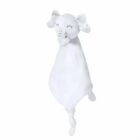 A soft, plush white elephant security blanket with an elephant head and trunk at the top. The blanket features knotted ends, giving it a playful appearance.