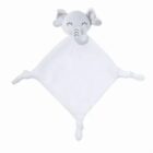 A soft, gray elephant plush toy with large ears and a trunk, attached to a white, diamond-shaped blanket. The elephants face is peaceful, with closed eyes. The blanket has knotted corners and the overall design is minimalistic and cute.