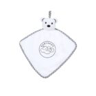A white security blanket featuring an embroidered baby shop logo in the center and a plush teddy bear head at the top. The edges are bordered with a gray and white striped pattern.