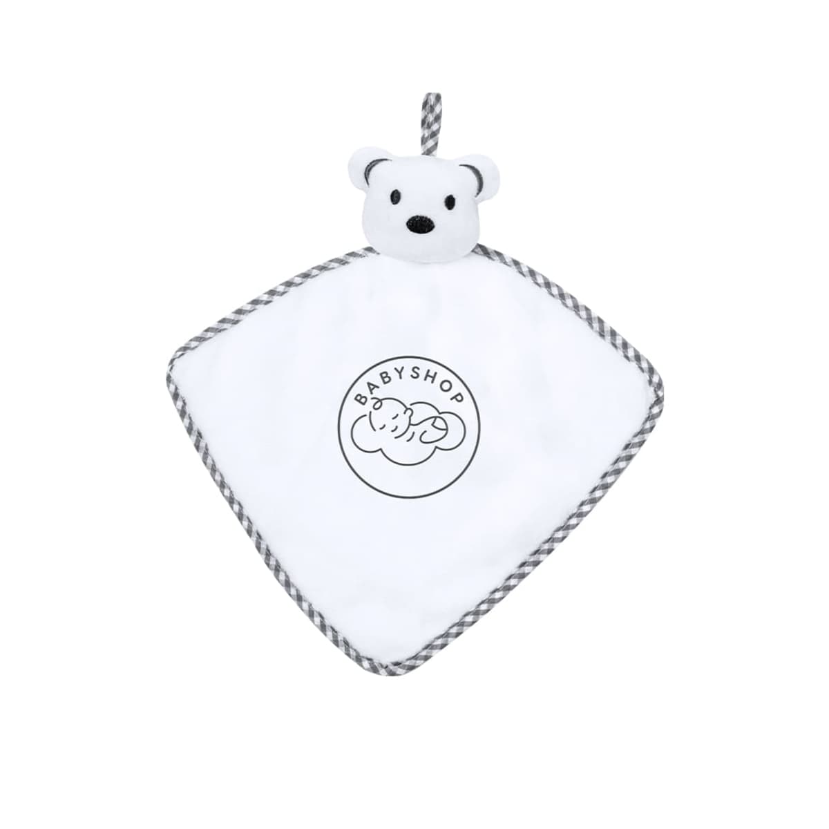 A white security blanket featuring an embroidered baby shop logo in the center and a plush teddy bear head at the top. The edges are bordered with a gray and white striped pattern.