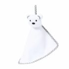 A soft, white baby security blanket with a teddy bear head at the top. The edges are trimmed with gray and white stripes, and the blanket is hanging by a loop. The bear has black embroidered eyes and nose.