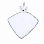 A soft white plush security blanket featuring a small stuffed bear head at the top. The edges are bordered with a grey and white striped trim, and a loop is attached for hanging.