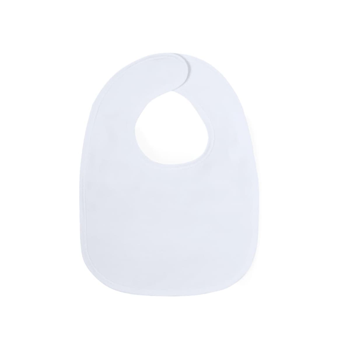 A plain white baby bib with a smooth surface and rounded edges. The fabric appears soft, and it has a circular opening for the neck.