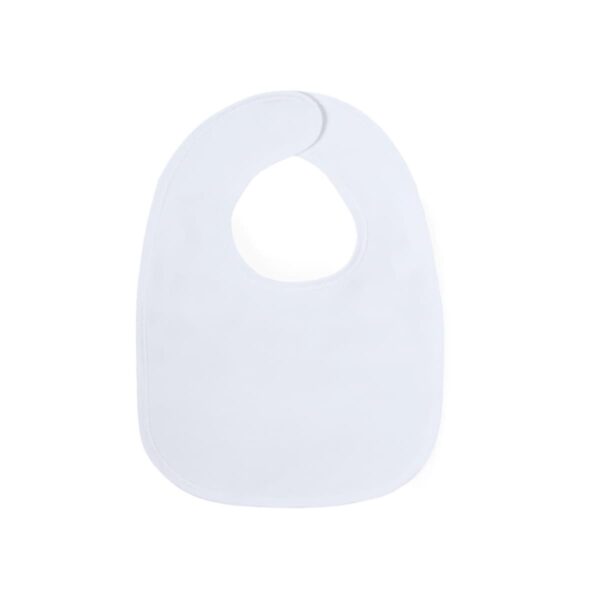 A plain white baby bib with a simple, rounded design and a snap closure at the neck, displayed on a white background.