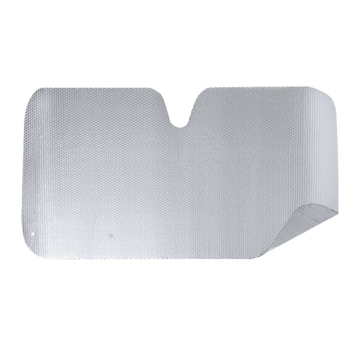 A silver, reflective car sunshade with a textured surface is displayed against a white background. The sunshade is unfolded, showing its curved top edge and a U-shaped cutout in the center.