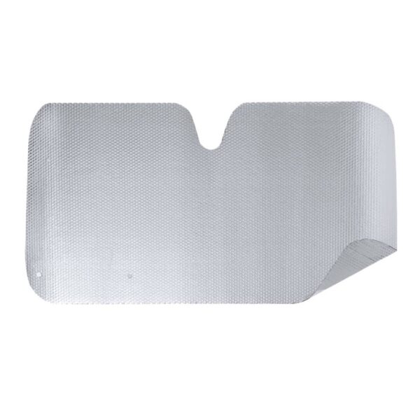 A silver reflective car windshield sunshade with a textured surface, partially rolled on one side, designed to block sunlight and reduce heat inside a vehicle.