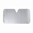 A silver car sunshade with a textured surface, featuring a notch in the top center for rearview mirrors. It is designed to fit across the inside of a car windshield to block sunlight and reduce interior temperature.