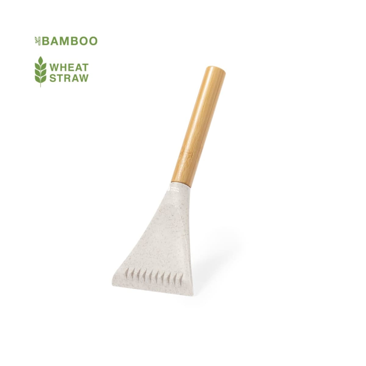 Eco-friendly ice scraper with a bamboo handle and wheat straw blade on a white background.